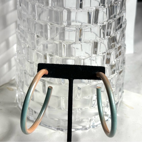 Metallic Tubular Hoops Pastel Peachy Pink & Aqua Blue Large Earrings Mod - Picture 4 of 7